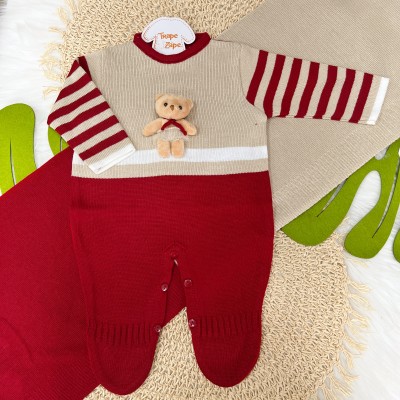 Saída de Maternidade Ursinho - Vermelho com Bege